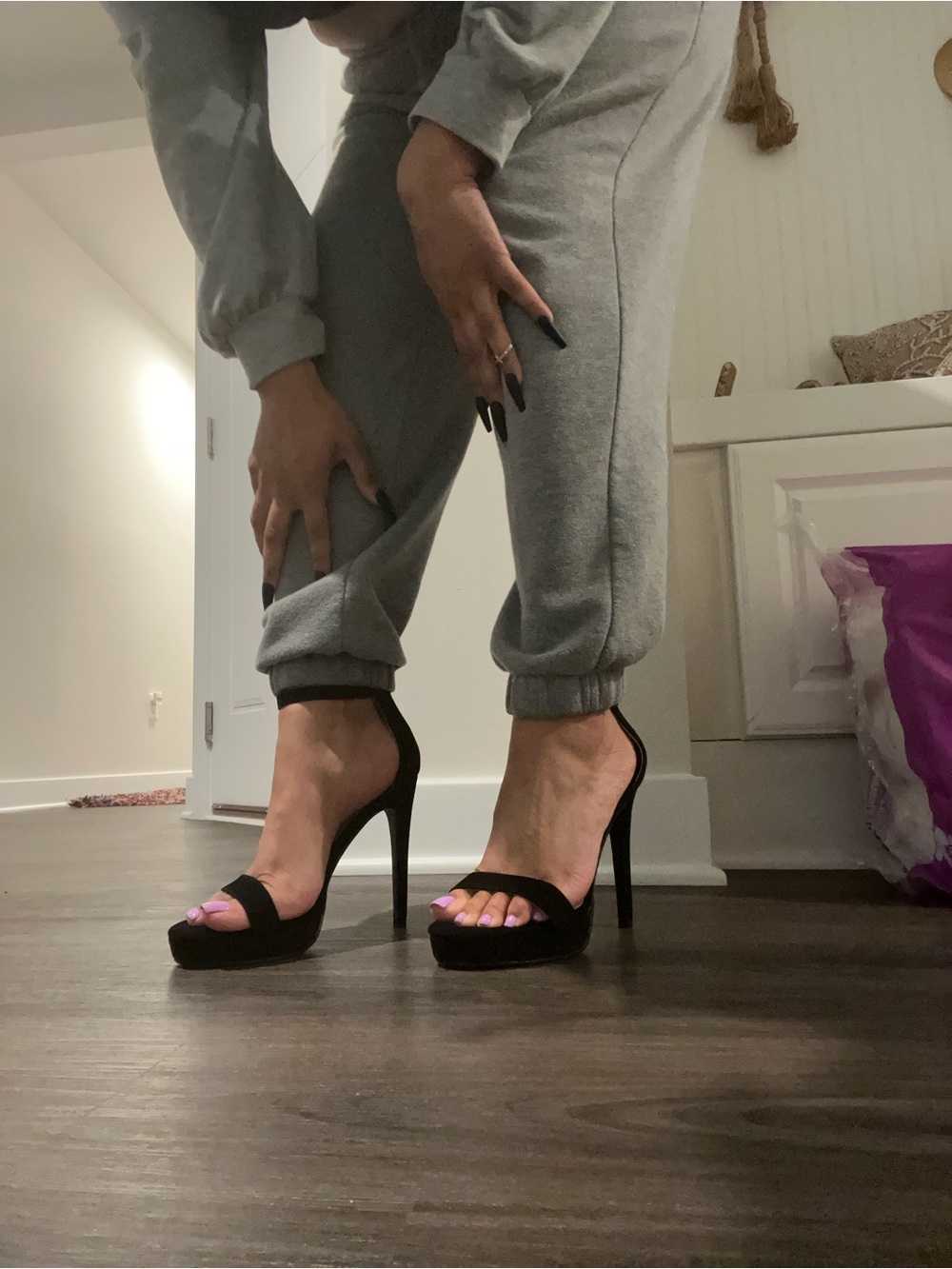 IDIFU Black Ankle-Strap Stiletto Heels with Purple Toenail Accent - Picture 5 of 7